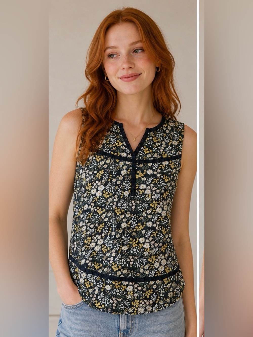 Lucky Brand M Floral Sleeveless Split Neck Boho Cottagecore Prairie Farm Classic